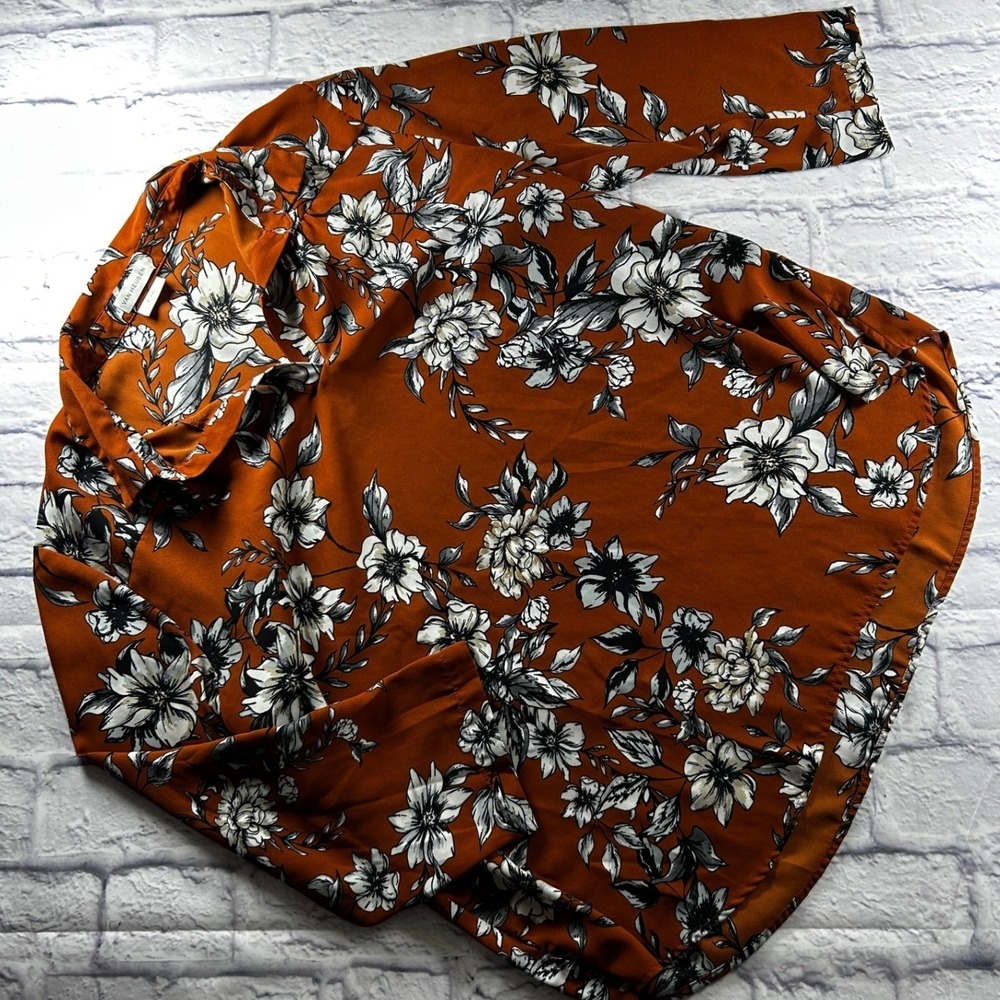 Van Heusen Womens Floral Pullover Blouse Brown Black V-Notch 3/4 Sleeve LG